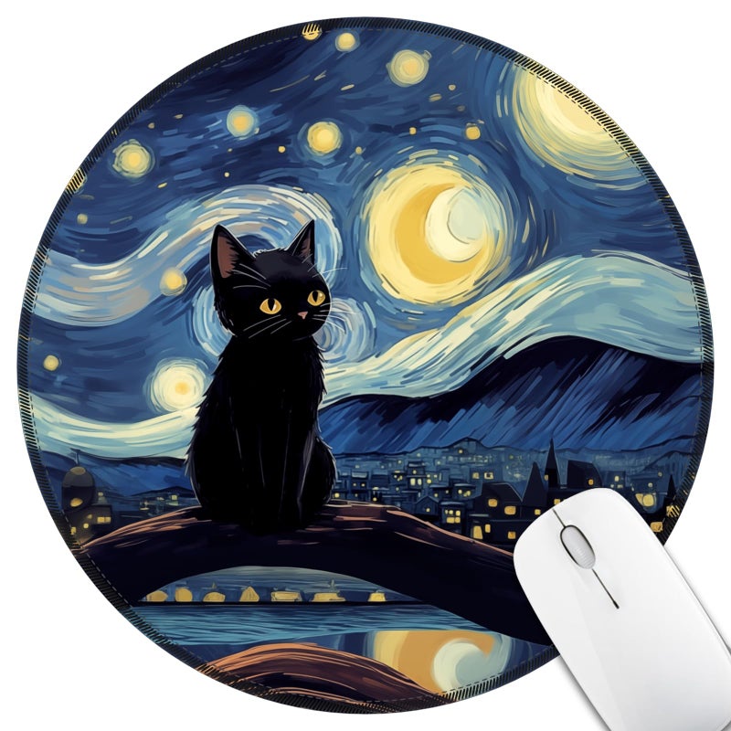 Hancynir Black Cat Mouse Pad for Desk, Starry Night Small Cute Mousepad with Non-Slip Rubber Base, Round Mouse Pads for Wireless Mouse Laptop, Computer Mouse Mat for Home Office Desk Accessories - Image 1